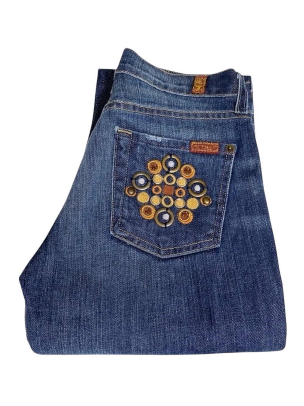 new 7 For All Mankind® ☯︎︎ Gold Medallion Embroidered Bootcut Jeans ☯︎︎ NY Dark - Picture 8 of 17